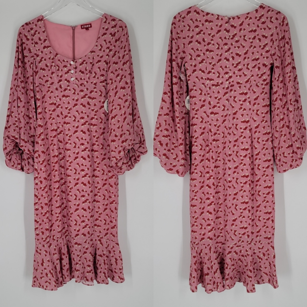 Staud Lara Dress Blush Pink Red Mushroom Print Size 0 NEW - Picture 2 of 11